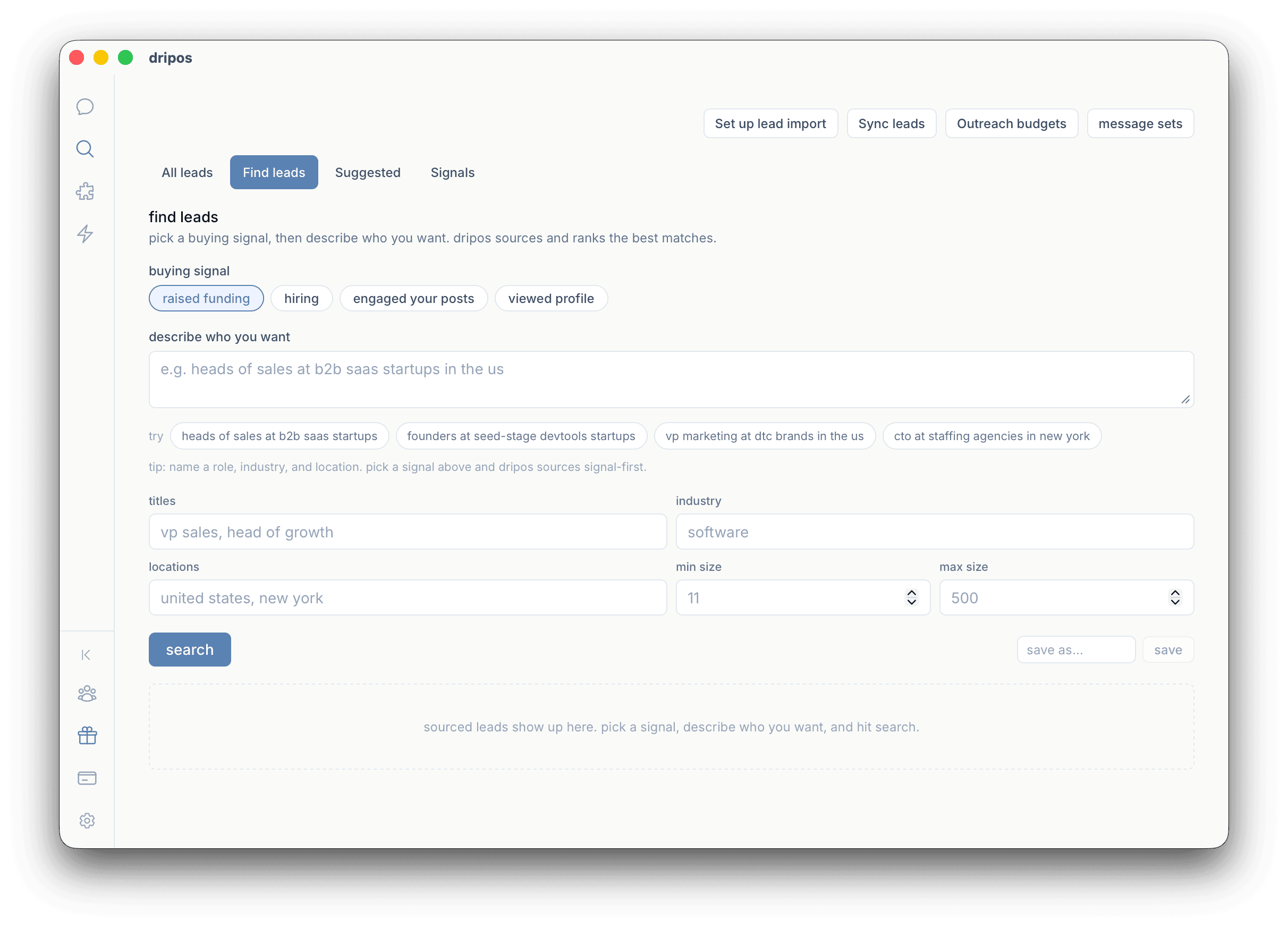 dripos sourcing leads by buying signal like raised funding or hiring