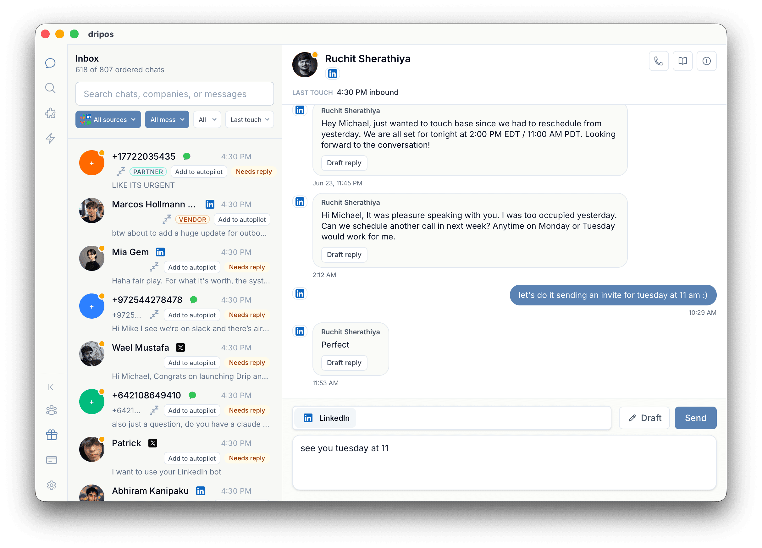 dripos unified inbox drafting a reply across LinkedIn and iMessage