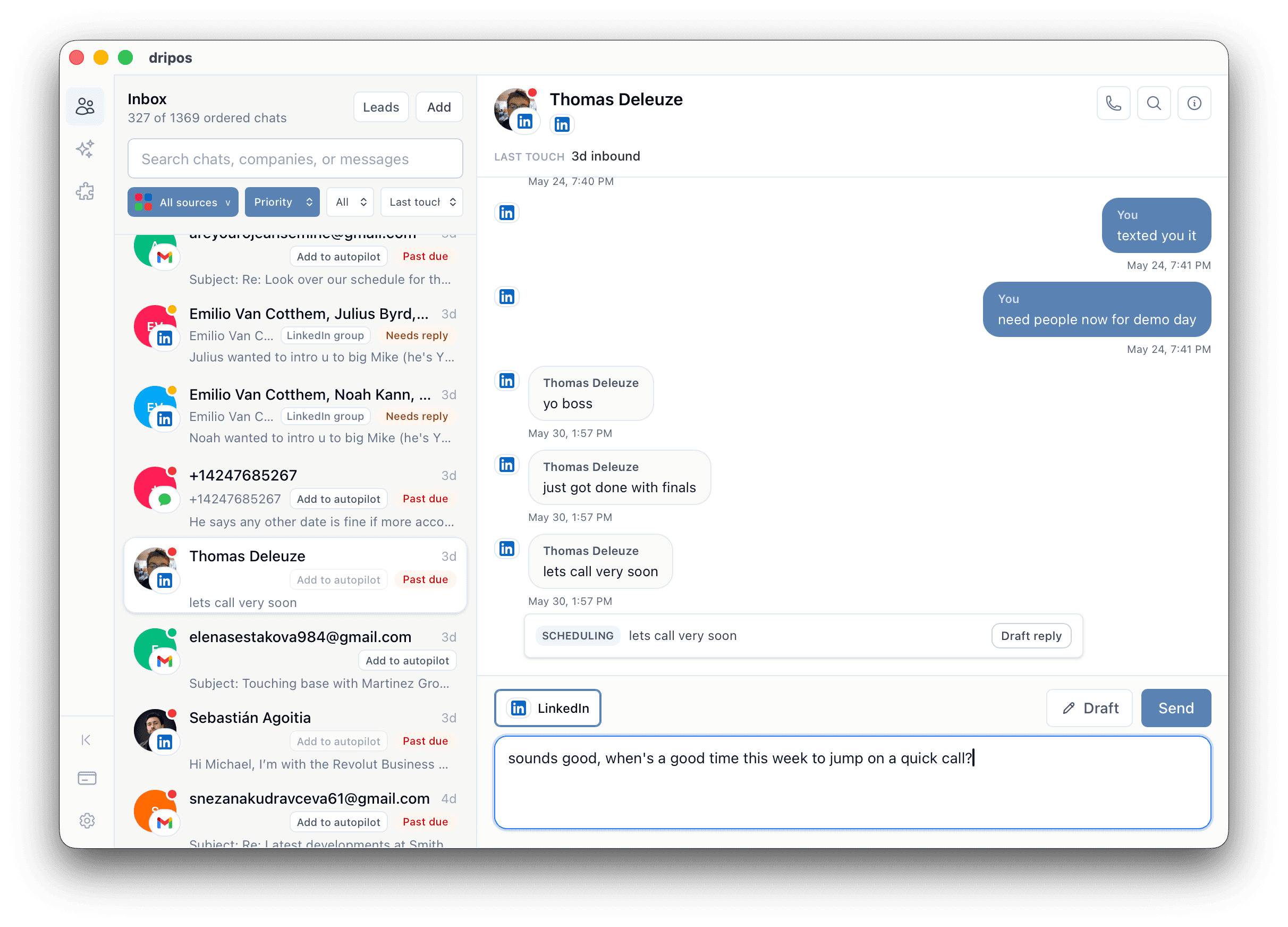 dripos Mac app showing conversation context, reply handling, and meeting follow-up signals