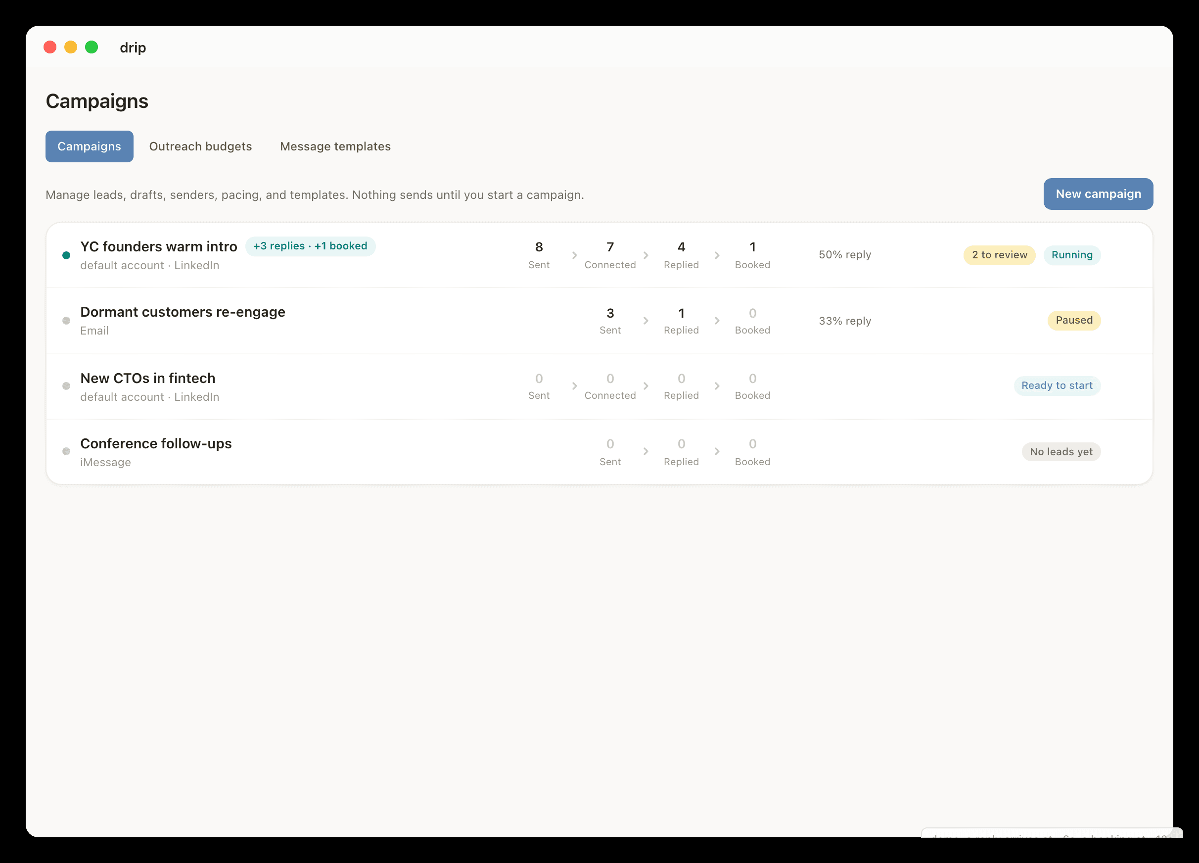 drip campaigns tracking sent, connected, replied, and booked across LinkedIn, email, and iMessage