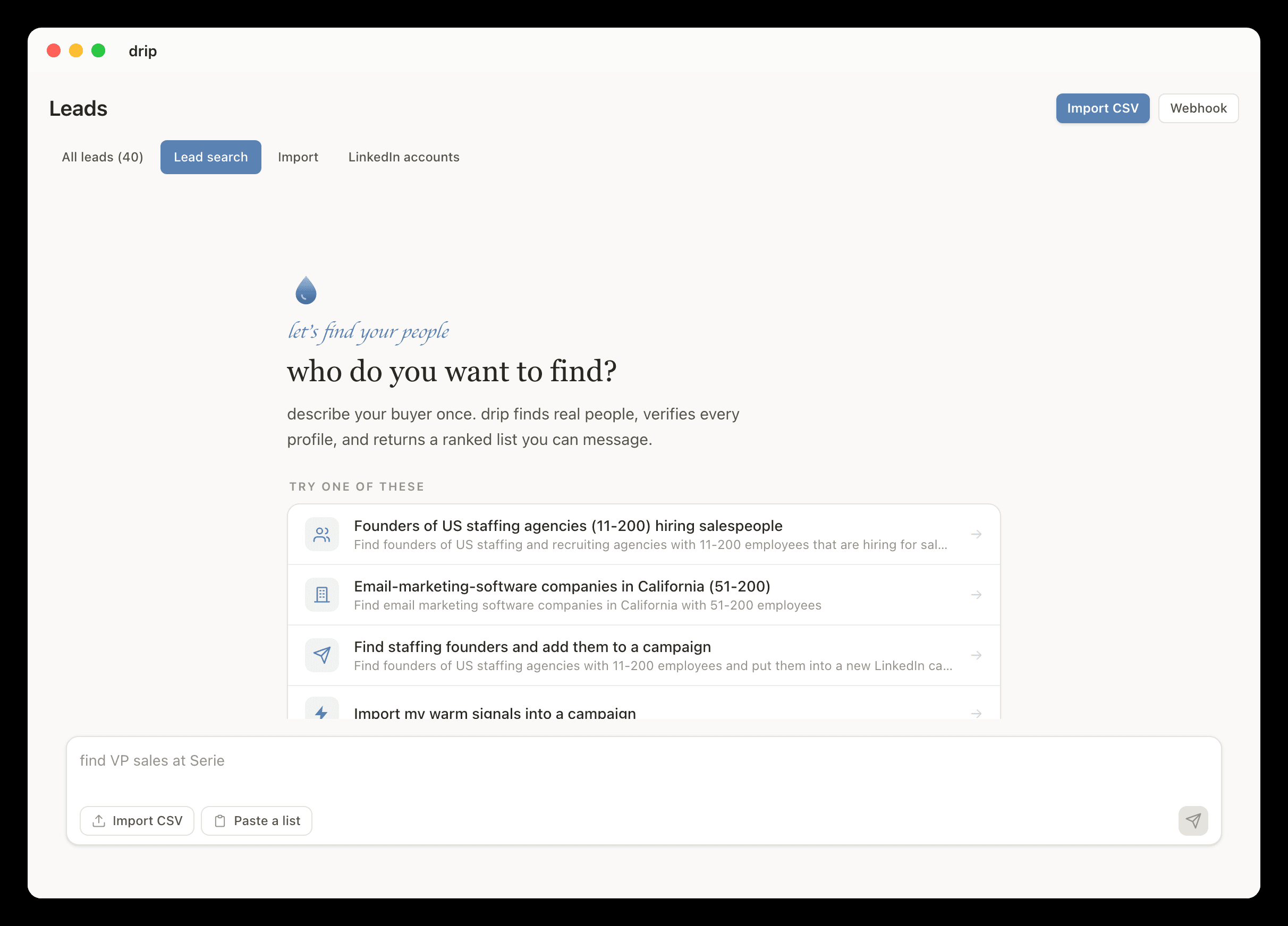 drip lead search asking who do you want to find, with ready-made buyer searches