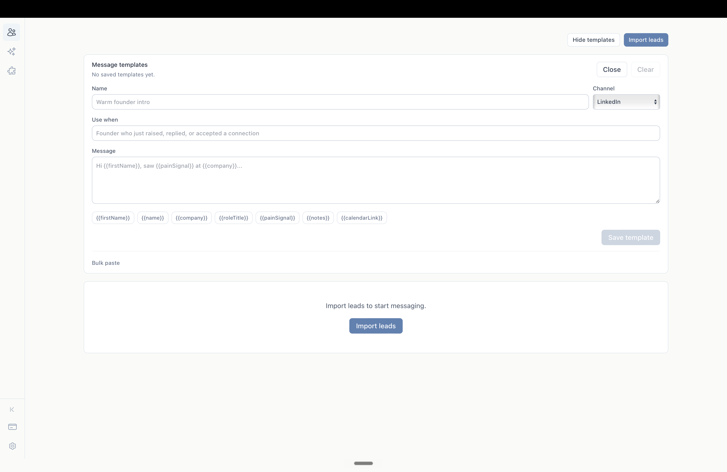 dripos LinkedIn message templates and lead import screen with variables for first name, company, role, notes, and calendar link