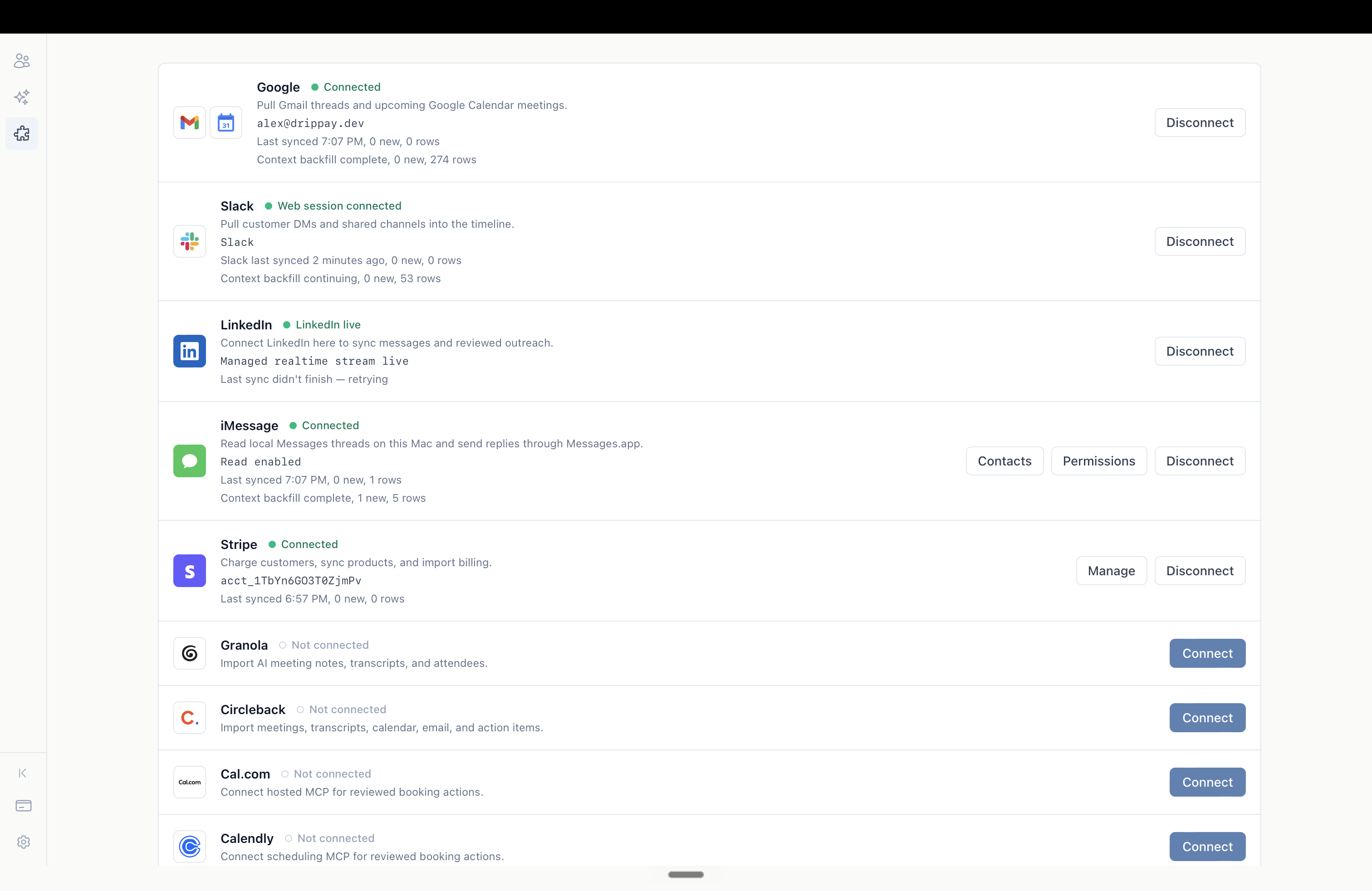 dripos integrations screen showing Google, Slack, LinkedIn, iMessage, Stripe, Granola, Circleback, Cal.com, and Calendly connection status